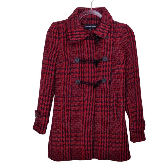Ambiance Red Plaid Peacoat Jacket Twee Fitted Retro Puff Shoulder Coat Small - Picture 2 of 6